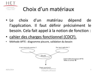 Choix d’un matériaux
• Le choix d'un matériau dépend de
l'application. Il faut définir précisément le
besoin. Cela fait appel à la notion de fonction :
• cahier des charges fonctionnel (CDCF).
• Méthode APTE : diagramme pieuvre, validation du besoin
30/01/2014
Campus centre
7
Science des Matériaux
J.Y.Dauphin_M.Souissi
 