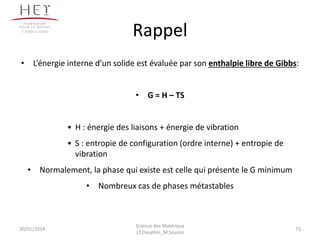 Rappel
• L’énergie interne d’un solide est évaluée par son enthalpie libre de Gibbs:
• G = H – TS
• H : énergie des liaisons + énergie de vibration
• S : entropie de configuration (ordre interne) + entropie de
vibration
• Normalement, la phase qui existe est celle qui présente le G minimum
• Nombreux cas de phases métastables
30/01/2014
Science des Matériaux
J.Y.Dauphin_M.Souissi
73
Campus centre
 