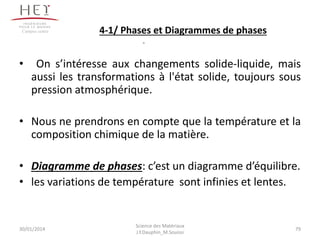 • On s’intéresse aux changements solide-liquide, mais
aussi les transformations à l'état solide, toujours sous
pression atmosphérique.
• Nous ne prendrons en compte que la température et la
composition chimique de la matière.
• Diagramme de phases: c’est un diagramme d’équilibre.
• les variations de température sont infinies et lentes.
30/01/2014 79
Campus centre
Science des Matériaux
J.Y.Dauphin_M.Souissi
4-1/ Phases et Diagrammes de phases
 
