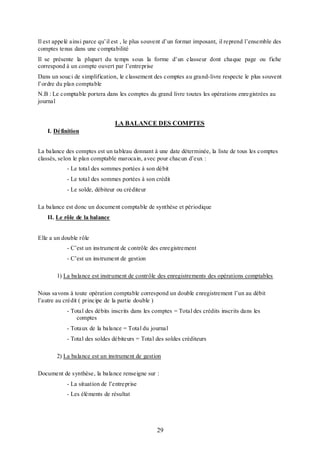 Il est appelé ainsi parce qu’il est , le plus souvent d’un format imposant, il reprend l’ensemble des
comptes tenus dans une comptabilité
Il se présente la plupart du temps sous la forme d’un classeur dont chaque page ou fiche
correspond à un compte ouvert par l’entreprise
Dans un souci de simplification, le classement des comptes au grand-livre respecte le plus souvent
l’ordre du plan comptable
N.B : Le comptable portera dans les comptes du grand livre toutes les opérations enregistrées au
journal

LA BALANCE DES COMPTES
I. Définition
La balance des comptes est un tableau donnant à une date déterminée, la liste de tous les comptes
classés, selon le plan comptable marocain, avec pour chacun d’eux :
- Le total des sommes portées à son débit
- Le total des sommes portées à son crédit
- Le solde, débiteur ou créditeur
La balance est donc un document comptable de synthèse et périodique
II. Le rôle de la balance

Elle a un double rôle
- C’est un instrument de contrôle des enregistrement
- C’est un instrument de gestion
1) La balance est instrument de contrôle des enregistrements des opérations comptables
Nous savons à toute opération comptable correspond un double enregistrement l’un au débit
l’autre au crédit ( principe de la partie double )
- Total des débits inscrits dans les comptes = Total des crédits inscrits dans les
comptes
- Totaux de la balance = Total du journal
- Total des soldes débiteurs = Total des soldes créditeurs
2) La balance est un instrument de gestion
Document de synthèse, la balance renseigne sur :
- La situation de l’entreprise
- Les éléments de résultat

29

 