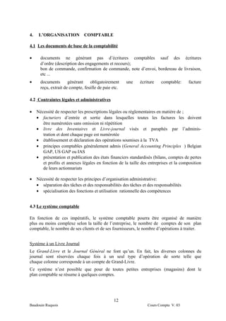 4.    L’ORGANISATION           COMPTABLE

4.1 Les documents de base de la comptabilité

•      documents ne générant pas d’écritures comptables sauf des écritures
       d’ordre (description des engagements et recours);
       bon de commande, confirmation de commande, note d’envoi, bordereau de livraison,
       etc ...
•      documents       générant    obligatoirement     une    écriture   comptable:     facture
       reçu, extrait de compte, feuille de paie etc.

4.2 Contraintes légales et administratives

•    Nécessité de respecter les prescriptions légales ou règlementaires en matière de ;
     • facturiers d’entrée et sortie dans lesquelles toutes les factures les doivent
        être numérotées sans omission ni répétition
     • livre des Inventaires et Livre-journal visés et paraphés par l’adminis-
        tration et dont chaque page est numérotée
     • établissement et déclaration des opérations soumises à la TVA
     • principes comptables généralement admis (General Accounting Principles ) Belgian
        GAP, US GAP ou IAS
     • présentation et publication des états financiers standardisés (bilans, comptes de pertes
        et profits et annexes légales en fonction de la taille des entreprises et la composition
        de leurs actionnariats

•    Nécessité de respecter les principes d’organisation administrative:
     • séparation des tâches et des responsabilités des tâches et des responsabilités
     • spécialisation des fonctions et utilisation rationnelle des compétences


4.3 Le système comptable

En fonction de ces impératifs, le système comptable pourra être organisé de manière
plus ou moins complexe selon la taille de l’entreprise, le nombre de comptes de son plan
comptable, le nombre de ses clients et de ses fournisseurs, le nombre d’opérations à traiter.


Système à un Livre Journal
Le Grand-Livre et le Journal Général ne font qu’un. En fait, les diverses colonnes du
journal sont réservées chaque fois à un seul type d’opération de sorte telle que
chaque colonne corresponde à un compte de Grand-Livre.
Ce système n’est possible que pour de toutes petites entreprises (magasins) dont le
plan comptable se résume à quelques comptes.




                                                 12
Baudouin Ruquois                                                  Cours Compta V. 03
 