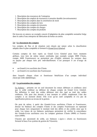 1.   Description des ressources de l’entreprise
    2.   Description des emplois de ressources à caractère durable (investissements)
    3.   Description des emplois dans la constitution de stock
    4.   Description des comptes de tiers
    5.   Description des comptes de trésorerie
    6.   Description des comptes de charges
    7.   Description des comptes de produits

On trouvera en annexe un exemple concret d’adaptation du plan comptable normalisé belge
dans le cadre d’une entreprise de fabrication de boîtes en carton.


2.4 Le classement des comptes
Les comptes de flux et de situation sont classés par nature selon la classification
adoptée dans le plan comptable et forment le Grand Livre Général.

Certains comptes de tiers repris au Grand Livre Général pour leurs montants
globaux, tous tiers de même nature confondus (par exemple compte 4000 Clients,
compte 4400 Fournisseurs) ne permettent pas d’établir aisément les sommes dues
ou payées par chaque tiers pris individuellement. C’est pourquoi il est d’usage de
créer

•        un Grand-Livre auxiliaire des Clients
•        un Grand-Livre auxiliaire des Fournisseurs

dans lesquels chaque client           et   fournisseur   bénéficiera     d’un   compte      individuel
classé par ordre alphabétique.

2.5 La présentation des comptes

    La balance : présente sur un seul document les totaux débiteurs et créditeurs ainsi
    que le solde créditeur ou débiteur de chaque compte du Grand Livre Général.
    Par définition le total des soldes débiteurs doit être égal au total des soldes
    créditeurs. Elle peut être dressée à tout moment et reflète simplement l’état des
    comptes à un moment donné. Elle n’est qu’un outil comptable et n’a pas de
    signification précise au niveau de la gestion.

    On peut de même, à partir des Grands-Livres auxiliaires Clients et Fournisseurs,
    dresser les balances des comptes Clients et des comptes Fournisseurs en reprenant
    pour chaque tiers uniquement le montant total des débits et des crédits ainsi que le
    solde. Les totaux de ces balances analytiques permettent de vérifier la concordance
    des Grands-Livres auxiliaires avec les comptes généraux Clients (4000) et Fournis-
    seurs (4400).
    Classées par ancienneté de solde, ces balances « âgées » clients ou fournisseurs
    forment la base d’un système de gestion de Trésorerie.


                                                 7
Baudouin Ruquois                                                       Cours Compta V. 03
 