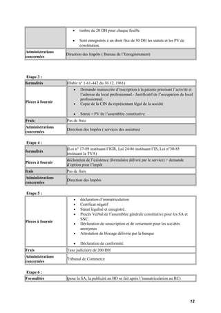 · timbre de 20 DH pour chaque feuille 
· Sont enregistrés à un droit fixe de 50 DH les statuts et les PV de 
constitution. 
Administrations 
concernées Direction des Impôts ( Bureau de l’Enregistrement) 
Etape 3 : 
formalités (Dahir n° 1-61-442 du 30.12..1961) 
Pièces à fournir 
· Demande manuscrite d’inscription à la patente précisant l’activité et 
l’adresse du local professionnel.- Justificatif de l’occupation du local 
professionnel. 
· Copie de la CIN du représentant légal de la société 
· Statut + PV de l’assemblée constitutive. 
Frais Pas de frais 
Administrations 
concernées Direction des Impôts ( services des assiettes) 
Etape 4 : 
formalités (Loi n° 17-89 instituant l’IGR, Loi 24-86 instituant l’IS, Loi n°30-85 
instituant la TVA) 
Pièces à fournir déclaration de l’existence (formulaire délivré par le service) + demande 
d’option pour l’impôt 
frais Pas de frais 
Administrations 
concernées Direction des Impôts 
Etape 5 : 
Pièces à fournir 
· déclaration d’immatriculation 
· Certificat négatif 
· Statut légalisé et enregistré. 
· Procès Verbal de l’assemblée générale constitutive pour les SA et 
SNC. 
· Déclaration de souscription et de versement pour les sociétés 
anonymes 
· Attestation de blocage délivrée par la banque 
· Déclaration de conformité. 
Frais Taxe judiciaire de 200 DH 
Administrations 
concernées Tribunal de Commerce 
Etape 6 : 
Formalités (pour la SA, la publicité au BO se fait après l’immatriculation au RC) 
12 
 