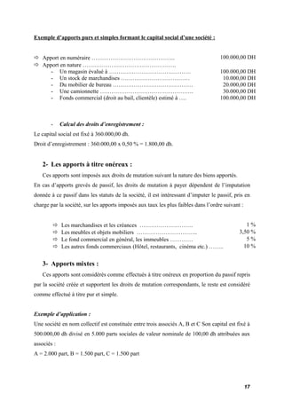 Exemple d’apports purs et simples formant l e capital social d’une société : 
 Apport en numéraire …………………………………….. 100.000,00 DH 
 Apport en nature …………………………………………. 
- Un magasin évalué à ……………………………………. 100.000,00 DH 
- Un stock de marchandises ……………………………… 10.000,00 DH 
- Du mobilier de bureau …………………………………… 20.000,00 DH 
- Une camionnette …………………………………………. 30.000,00 DH 
- Fonds commercial (droit au bail, clientèle) estimé à …. 100.000,00 DH 
- Calcul des droits d’enregistrement : 
Le capital social est fixé à 360.000,00 dh. 
Droit d’enregistrement : 360.000,00 x 0,50 % = 1.800,00 dh. 
2- Les apports à titre onéreux : 
Ces apports sont imposés aux droits de mutation suivant la nature des biens apportés. 
En cas d’apports grevés de passif, les droits de mutation à payer dépendent de l’imputation 
donnée à ce passif dans les statuts de la société, il est intéressant d’imputer le passif, pris en 
charge par la société, sur les apports imposés aux taux les plus faibles dans l’ordre suivant : 
 Les marchandises et les créances ………………………. 1 % 
 Les meubles et objets mobiliers ………………………….. 3,50 % 
 Le fond commercial en général, les immeubles ………… 5 % 
 Les autres fonds commerciaux (Hôtel, restaurants, cinéma etc.) …….. 10 % 
3- Apports mixtes : 
Ces apports sont considérés comme effectués à titre onéreux en proportion du passif repris 
par la société créée et supportent les droits de mutation correspondants, le reste est considéré 
comme effectué à titre pur et simple. 
Exemple d’application : 
Une société en nom collectif est constituée entre trois associés A, B et C Son capital est fixé à 
500.000,00 dh divisé en 5.000 parts sociales de valeur nominale de 100,00 dh attribuées aux 
associés : 
A = 2.000 part, B = 1.500 part, C = 1.500 part 
17 
 