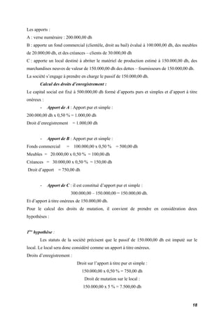 Les apports : 
A : verse numéraire : 200.000,00 dh 
B : apporte un fond commercial (clientèle, droit au bail) évalué à 100.000,00 dh, des meubles 
de 20.000,00 dh, et des créances – clients de 30.000,00 dh 
C : apporte un local destiné à abriter le matériel de production estimé à 150.000,00 dh, des 
marchandises neuves de valeur de 150.000,00 dh des dettes – fournisseurs de 150.000,00 dh. 
La société s’engage à prendre en charge le passif de 150.000,00 dh. 
Calcul des droits d’enregistrement : 
Le capital social est fixé à 500.000,00 dh formé d’apports purs et simples et d’apport à titre 
onéreux : 
- Apport de A : Apport pur et simple : 
200.000,00 dh x 0,50 % = 1.000,00 dh 
Droit d’enregistrement = 1.000,00 dh 
- Apport de B : Apport pur et simple : 
Fonds commercial = 100.000,00 x 0,50 % = 500,00 dh 
Meubles = 20.000,00 x 0,50 % = 100,00 dh 
Créances = 30.000,00 x 0,50 % = 150,00 dh 
Droit d’apport = 750,00 dh 
- Apport de C : il est constitué d’apport pur et simple : 
300.000,00 – 150.000,00 = 150.000,00 dh. 
Et d’apport à titre onéreux de 150.000,00 dh. 
Pour le calcul des droits de mutation, il convient de prendre en considération deux 
hypothèses : 
1ère hypothèse : 
Les statuts de la société précisent que le passif de 150.000,00 dh est imputé sur le 
local. Le local sera donc considéré comme un apport à titre onéreux. 
Droits d’enregistrement : 
Droit sur l’apport à titre pur et simple : 
150.000,00 x 0,50 % = 750,00 dh 
Droit de mutation sur le local : 
150.000,00 x 5 % = 7.500,00 dh 
18 
 