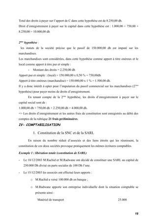 Total des droits à payer sur l’apport de C dans cette hypothèse est de 8.250,00 dh. 
Droit d’enregistrement à payer sur le capital dans cette hypothèse est : 1.000,00 + 750,00 + 
8.250,00 = 10.000,00 dh 
2ème hypothèse : 
les statuts de la société précise que le passif de 150.000,00 dh est imputé sur les 
marchandises. 
Les marchandises sont considérées, dans cette hypothèse comme apport à titre onéreux et le 
local comme apport à titre pur et simple : 
- Montant des droits = 2.250,00 dh 
Apport pur et simple : (local) = 150.000,00 x 0,50 % = 750,00dh 
Apport à titre onéreux (marchandise) = 150.000,00 x 1 % = 1.500,00 dh. 
Il y a donc intérêt à opter pour l’imputation du passif commercial sur les marchandises (2ème 
hypothèse) pour payer moins de droits d’enregistrement. 
En tenant compte de la 2ème hypothèse, les droits d’enregistrement à payer sur le 
capital social sont de : 
1.000,00 dh + 750,00 dh + 2.250,00 dh = 4.000,00 dh. 
=> Les droits d’enregistrement et les autres frais de constitution sont enregistrés au débit des 
comptes de la rubrique 21 frais préliminaires. 
IV- COMPTABILISATION 
1. Constitution de la SNC et de la SARL 
En raison du nombre réduit d’associés et des liens étroits qui les réunissent, la 
constitution de ces deux sociétés provoque pratiquement les mêmes écritures comptables. 
Exemple 1 : libération totale (constitution de SARL) 
- Le 10/12/2003 M.Rachid et M.Radwane ont décidé de constituer une SARL au capital de 
250.000 Dh divisé en parts sociales de 100 Dh l’une. 
- Le 15/12/2003 les associés ont effectué leurs apports : 
o M.Rachid a versé 100.000 dh en banque ; 
o M.Radwane apporte son entreprise individuelle dont la situation comptable se 
présente ainsi : 
Matériel de transport 25.000 
19 
 