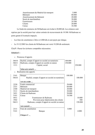 Amortissement du Matériel de transport 5.000 
Bâtiment 80.000 
Amortissement du bâtiment 20.000 
Stock de marchandises 30.000 
Fournisseurs 10.500 
Clients 20.000 
Caisse 10.500 
Le fonds de commerce de M.Radwane est évalué à 20.000 dh. Les créances sont 
reprises par la société pour leur valeur estimée de recouvrement de 19.500. M.Radwane se 
porte garant d’éventuels impayés. 
- Les frais de constitution s’élève à 4.000 dh et sont payés par chèque. 
- Le 31/12/2003 les clients de M.Radwane ont versé 19.200 dh seulement. 
T.A.F : Passer les écritures comptables nécessaires. 
Solution1 : 
o Promesse d’apports 
34610 Rachid, compte d’apport en société en numéraire 100.000 
34611 Radwane, compte d’apport en société en nature 150.000 
1111 Capital, social 250.000 
Selon acte notarié … 
o Réalisation des apports 
5141 Banque 100.000 
34610 Rachid, compte d’apport en société en numéraire 100.000 
Avis de crédit … 
2230 Fonds commercial 20.000 
2321 Bâtiment 60.000 
2340 Matériel de transport 20.000 
3111 Stocks de marchandises 30.000 
3421 Clients de Radwane 20.000 
5161 Caisse 10.500 
4411 Fournisseurs de Radwane 10.000 
3942 Provision pour dépréciation des clients 500 
34611 Radwane, compte d’apport en société en nature 150.000 
Acte notarié … 
2111 Frais de constitution 4.000 
5141 Banque 4.000 
Chèque n° … 
20 
 