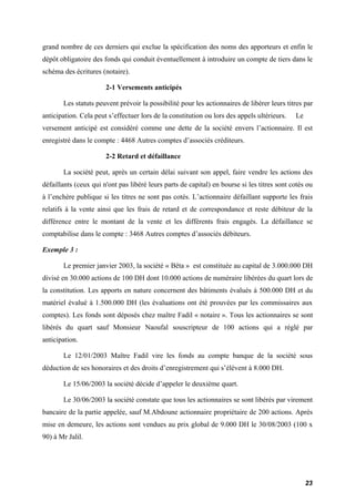 grand nombre de ces derniers qui exclue la spécification des noms des apporteurs et enfin le 
dépôt obligatoire des fonds qui conduit éventuellement à introduire un compte de tiers dans le 
schéma des écritures (notaire). 
2-1 Versements anticipés 
Les statuts peuvent prévoir la possibilité pour les actionnaires de libérer leurs titres par 
anticipation. Cela peut s’effectuer lors de la constitution ou lors des appels ultérieurs. Le 
versement anticipé est considéré comme une dette de la société envers l’actionnaire. Il est 
enregistré dans le compte : 4468 Autres comptes d’associés créditeurs. 
2-2 Retard et défaillance 
La société peut, après un certain délai suivant son appel, faire vendre les actions des 
défaillants (ceux qui n'ont pas libéré leurs parts de capital) en bourse si les titres sont cotés ou 
à l’enchère publique si les titres ne sont pas cotés. L’actionnaire défaillant supporte les frais 
relatifs à la vente ainsi que les frais de retard et de correspondance et reste débiteur de la 
différence entre le montant de la vente et les différents frais engagés. La défaillance se 
comptabilise dans le compte : 3468 Autres comptes d’associés débiteurs. 
Exemple 3 : 
Le premier janvier 2003, la société « Bêta » est constituée au capital de 3.000.000 DH 
divisé en 30.000 actions de 100 DH dont 10.000 actions de numéraire libérées du quart lors de 
la constitution. Les apports en nature concernent des bâtiments évalués à 500.000 DH et du 
matériel évalué à 1.500.000 DH (les évaluations ont été prouvées par les commissaires aux 
comptes). Les fonds sont déposés chez maître Fadil « notaire ». Tous les actionnaires se sont 
libérés du quart sauf Monsieur Naoufal souscripteur de 100 actions qui a réglé par 
anticipation. 
Le 12/01/2003 Maître Fadil vire les fonds au compte banque de la société sous 
déduction de ses honoraires et des droits d’enregistrement qui s’élèvent à 8.000 DH. 
Le 15/06/2003 la société décide d’appeler le deuxième quart. 
Le 30/06/2003 la société constate que tous les actionnaires se sont libérés par virement 
bancaire de la partie appelée, sauf M.Abdoune actionnaire propriétaire de 200 actions. Après 
mise en demeure, les actions sont vendues au prix global de 9.000 DH le 30/08/2003 (100 x 
90) à Mr Jalil. 
23 
 