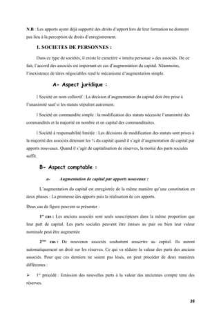 N.B : Les apports ayant déjà supporté des droits d’apport lors de leur formation ne donnent 
pas lieu à la perception de droits d’enregistrement. 
1. SOCIETES DE PERSONNES : 
Dans ce type de sociétés, il existe le caractère « intuitu personae » des associés. De ce 
fait, l’accord des associés est important en cas d’augmentation du capital. Néanmoins, 
l’inexistence de titres négociables rend le mécanisme d’augmentation simple. 
A- Aspect juridique : 
 Société en nom collectif : La décision d’augmentation du capital doit être prise à 
l’unanimité sauf si les statuts stipulent autrement. 
 Société en commandite simple : la modification des statuts nécessite l’unanimité des 
commandités et la majorité en nombre et en capital des commanditaires. 
 Société à responsabilité limitée : Les décisions de modification des statuts sont prises à 
la majorité des associés détenant les ¾ du capital quand il s’agit d’augmentation de capital par 
apports nouveaux. Quand il s’agit de capitalisation de réserves, la moitié des parts sociales 
suffit. 
B- Aspect comptable : 
a- Augmentation de capital par apports nouveaux : 
L’augmentation du capital est enregistrée de la même manière qu’une constitution en 
deux phases : La promesse des apports puis la réalisation de ces apports. 
Deux cas de figure peuvent se présenter : 
1er cas : Les anciens associés sont seuls souscripteurs dans la même proportion que 
leur part de capital. Les parts sociales peuvent être émises au pair ou bien leur valeur 
nominale peut être augmentée 
2ème cas : De nouveaux associés souhaitent souscrire au capital. Ils auront 
automatiquement un droit sur les réserves. Ce qui va réduire la valeur des parts des anciens 
associés. Pour que ces derniers ne soient pas lésés, on peut procéder de deux manières 
différentes : 
 1er procédé : Emission des nouvelles parts à la valeur des anciennes compte tenu des 
réserves. 
39 
 