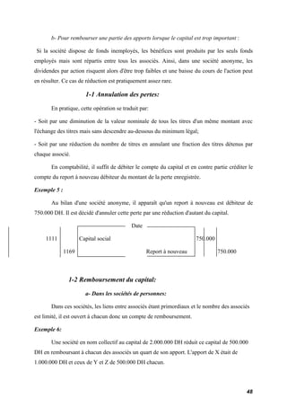 b- Pour rembourser une partie des apports lorsque le capital est trop important : 
Si la société dispose de fonds inemployés, les bénéfices sont produits par les seuls fonds 
employés mais sont répartis entre tous les associés. Ainsi, dans une société anonyme, les 
dividendes par action risquent alors d'être trop faibles et une baisse du cours de l'action peut 
en résulter. Ce cas de réduction est pratiquement assez rare. 
1-1 Annulation des pertes: 
En pratique, cette opération se traduit par: 
- Soit par une diminution de la valeur nominale de tous les titres d'un même montant avec 
l'échange des titres mais sans descendre au-dessous du minimum légal; 
- Soit par une réduction du nombre de titres en annulant une fraction des titres détenus par 
chaque associé. 
En comptabilité, il suffit de débiter le compte du capital et en contre partie créditer le 
compte du report à nouveau débiteur du montant de la perte enregistrée. 
Exemple 5 : 
Au bilan d'une société anonyme, il apparaît qu'un report à nouveau est débiteur de 
750.000 DH. Il est décidé d'annuler cette perte par une réduction d'autant du capital. 
Date 
1111 Capital social 750.000 
1169 Report à nouveau 750.000 
1-2 Remboursement du capital: 
a- Dans les sociétés de personnes: 
Dans ces sociétés, les liens entre associés étant primordiaux et le nombre des associés 
est limité, il est ouvert à chacun donc un compte de remboursement. 
Exemple 6: 
Une société en nom collectif au capital de 2.000.000 DH réduit ce capital de 500.000 
DH en remboursant à chacun des associés un quart de son apport. L'apport de X était de 
1.000.000 DH et ceux de Y et Z de 500.000 DH chacun. 
48 
 