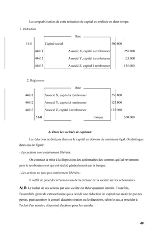 La comptabilisation de cette réduction de capital est réalisée en deux temps: 
1. Réduction 
Date 
1111 Capital social 500.000 
44611 Associé X, capital à rembourser 250.000 
44612 Associé Y, capital à rembourser 125.000 
44613 Associé Z, capital à rembourser 125.000 
2. Règlement 
Date 
44611 Associé X, capital à rembourser 250.000 
44612 Associé Y, capital à rembourser 125.000 
44613 Associé Z, capital à rembourser 125.000 
5141 Banque 500.000 
b- Dans les sociétés de capitaux: 
La réduction ne doit pas abaisser le capital en dessous du minimum légal. On distingue 
deux cas de figure: 
- Les actions sont entièrement libérées: 
On constate la mise à la disposition des actionnaires des sommes qui lui reviennent 
puis le remboursement qui est réalisé généralement par la banque. 
- Les actions ne sont pas entièrement libérées: 
Il suffit de procéder à l'annulation de la créance de la société sur les actionnaires. 
N.B: Le rachat de ses actions par une société est théoriquement interdit. Toutefois, 
l'assemblée générale extraordinaire qui a décidé une réduction de capital non motivée par des 
pertes, peut autoriser le conseil d'administration ou le directoire, selon le cas, à procéder à 
l'achat d'un nombre déterminé d'actions pour les annuler. 
49 
 
