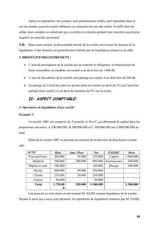Après ces opérations, les comptes sont généralement soldés, sauf cependant dans le 
cas où certains associés restent débiteurs ou créanciers les uns des autres. Il suffit alors de 
solder leurs comptes en admettant que ces dettes et créances perdent leur caractère social pour 
acquérir un caractère personnel. 
N.B: Dans toute société, la personnalité morale de la société survit pour les besoins de la 
liquidation. Cette dernière est généralement réalisée par un liquidateur nommé à cet effet. 
3. DROITS D’ENREGISTREMENT : 
 L’acte de prorogation de la société qui ne contient ni obligation, ni transmission de 
biens immeubles ou meubles est soumis à un droit fixe de 1.000 dh. 
 L’acte de dissolution de la société sans partage est soumis à un droit fixe de 200 dh. 
 Le partage de l’actif net entre les ayants-droit est soumis au droit de 1% sur l’actif net 
partagé (hors soulte), et un droit de mutation de 5% sur la soulte. 
II- ASPECT COMPTABLE: 
1- Opérations de liquidation d'une société 
Exemple 1: 
La société ABC est composée de 3 associés A, B et C qui détiennent le capital dans les 
proportions suivantes: A 200.000 DH, B 500.000 DH et C 300.000 DH soit 1.000.000 DH au 
total. 
Bilan de la société ABC se présente au moment de la décision de dissolution comme 
suit: 
ACTIF Brut Amt / Prov Net PASSIF Brut 
Frais prélimin. 200.000 50.000 150.000 Capital 1.000.000 
Matériel 700.000 300.000 400.000 Fournisseurs 200.000 
Dépôts et caut. 100.000 100.000 Banque 100.000 
Stocks 400.000 50.000 350.000 
Clients 270.000 20.000 250.000 
Caisse 50.000 50.000 
Total 1.720.00 
0 
520.000 1.300.000 1.300.000 
Les associés se sont réunis et ont nommé M. SAJID comme liquidateur de la société. 
Durant le mois qui a suivi cette décision, les opérations de liquidation réalisées par M. SAJID, 
54 
 