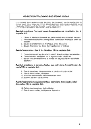 OBJECTIFS OPERATIONNELS DE SECOND NIVEAU 
LE STAGIAIRE DOIT MAITRISER LES SAVOIRS, SAVOIR-FAIRE, SAVOIR-PERCEVOIR OU 
SAVOIR-ETRE JUGES PREALABLES AUX APPRENTISSAGES DIRECTEMENT REQUIS POUR 
L’ATTEINTE DE L’OBJECTIF DE PREMIER NIVEAU, TELS QUE : 
Avant de procéder à l'enregistrement des opérations de constitution (A), le 
stagiaire doit : 
1. Définir et mettre en évidence les particularités du contrat des sociétés 
2. Présenter les conditions juridiques de constitution de chaque forme de 
société 
3. Savoir le fonctionnement de chaque forme de société 
4. Savoir déterminer les droits d'enregistrement et timbres 
Avant d’apprendre à répartir les bénéfices (B), le stagiaire doit : 
5. Connaître les articles des statuts relatifs à la répartition des bénéfices 
6. Connaître la loi en vigueur sur la répartition des bénéfices 
7. Savoir calculer la retenue à la source sur les produits des actions et 
assimilés 
Avant de procéder à la comptabilisation des opérations de modification du 
capital (C), le stagiaire doit : 
8. Savoir les raisons d'augmentation et de réduction du capital 
9. Savoir les modalités juridiques 
10.Maîtriser les méthodes d'évaluation des titres 
11.Evaluer les titres de la société 
Avant d’apprendre l'enregistrement des opérations de liquidation et de 
dissolution (D), le stagiaire doit : 
12.Déterminer les raisons de liquidation 
13.Savoir les modalités juridiques de liquidation 
6 
 