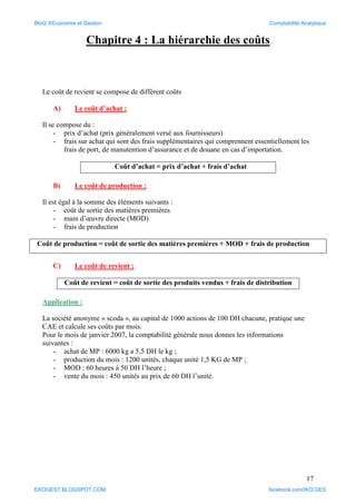 17
Chapitre 4 : La hiérarchie des coûts
Le coût de revient se compose de différent coûts
A) Le coût d’achat :
Il se compose du :
- prix d’achat (prix généralement versé aux fournisseurs)
- frais sur achat qui sont des frais supplémentaires qui comprennent essentiellement les
frais de port, de manutention d’assurance et de douane en cas d’importation.
Coût d’achat = prix d’achat + frais d’achat
B) Le coût de production :
Il est égal à la somme des éléments suivants :
- coût de sortie des matières premières
- main d’œuvre directe (MOD)
- frais de production
Coût de production = coût de sortie des matières premières + MOD + frais de production
C) Le coût de revient :
Coût de revient = coût de sortie des produits vendus + frais de distribution
Application :
La société anonyme « scoda », au capital de 1000 actions de 100 DH chacune, pratique une
CAE et calcule ses coûts par mois.
Pour le mois de janvier 2007, la comptabilité générale nous donnes les informations
suivantes :
- achat de MP : 6000 kg a 5,5 DH le kg ;
- production du mois : 1200 unités, chaque unité 1,5 KG de MP ;
- MOD : 60 heures à 50 DH l’heure ;
- vente du mois : 450 unités au prix de 60 DH l’unité.
BloG d'Economie et Gestion Comptabilité Analytique
EKOGEST.BLOGSPOT.COM facebook.com/IKO.GES
 