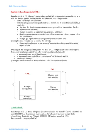 2
Section 2 : Les charges de la CAE :
Les charges de la CG (classe 6) sont reprises par la CAE, cependant certaines charges ne le
sont pas. On les appelle les charges non incorporables, elles comprennent :
- toutes les charges non courantes ;
- certaines charges courantes que l’analyse ne permet pas de considérés comme tel, il
s’agit des :
 fractions des dotations aux amortissements qui excédent les dotations fiscales ;
 impôts sur les résultats ;
 charges courantes se rapportant aux exercices antérieurs ;
 dotations aux amortissements des immobilisations en non valeurs (pas de valeur
réel, actif fictif) ;
 charges qui représentent les charges récupérables sur les tiers
(Exemple : taxe avancées sur le compte des autres) ;
 charge qui représentent la couverture d’un risque (provision pour litige, pour
dépréciation).
D’autre part des charges qui ne figurent pas dans la CG sont prises en considération par la
CAE, sont les charges supplétives, elles comprennent essentiellement :
- la rémunération du travail du dirigeant ;
- la rémunération du capital à un certain taux d’intérêt dans la société ;
- les charges d’usage
(Exemple : amortissement de durée inférieur à celle fiscalement tolérées).
CG
CAE
Application 1 :
Les charges de la CG d’une entreprise qui calcul ses coûts par trimestre s’élève à 600.000 DH
dont 10000 DH de dotation non incorporables. Par ailleurs il faut tenir compte de la
rémunération du capital qui s’élève à 4.000.000 DH au taux annuel de 12%.
Déterminer les charges de la CAE
Charges non
incorporables
Charges
incorporables
Charges
incorporables
Charges
supplétives
BloG d'Economie et Gestion Comptabilité Analytique
EKOGEST.BLOGSPOT.COM facebook.com/IKO.GES
 