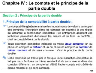 106
Section 2 : Principe de la partie double
1. Principe de la comptabilité à partie double :
 La comptabilité générale analyse les mouvements de valeurs au moyen
des comptes; l'inscription dans les comptes est soumise à des règles
qui assurent la coordination comptable ; les entreprises adoptent une
technique permettant d'observer les erreurs et de faire un contrôle :
c'est la comptabilité à partie double .
 Toute opération comptable intéresse au moins deux comptes ;un ou
plusieurs comptes à débiter et un ou plusieurs comptes à créditer de
même montant et de sens contraire : c'est le principe de la partie
double.
 Cette technique se traduit par le fait que toute inscription comptable se
fait par deux écritures de même montant et de sens inverse dans des
comptes différents : un compte est débité l'autre compte est crédité de
même montant et de sens contraire.
Chapitre IV : Le compte et le principe de la
partie double
 