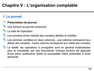 124
1. Le journal:
 Présentation du journal :
 Une écriture au journal comprend :
 La date de l'opération
 Les numéros et les intitulés des comptes débités et crédités
 Les sommes ventilées en deux colonnes , une colonne correspond aux
débits des comptes , l'autre colonne correspond aux crédit des comptes
 Le libellé: les opérations à enregistrer sont en général matérialisées
pour le comptable, par des documents. Chaque écriture est appuyée
d'une pièce justificative datée et susceptible d'être présentée à toute
demande
Chapitre V : L’organisation comptable
 