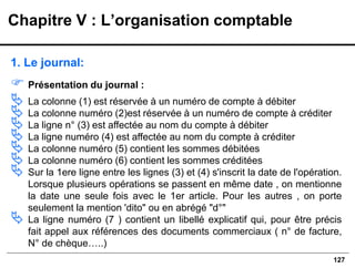 127
1. Le journal:
 Présentation du journal :
 La colonne (1) est réservée à un numéro de compte à débiter
 La colonne numéro (2)est réservée à un numéro de compte à créditer
 La ligne n° (3) est affectée au nom du compte à débiter
 La ligne numéro (4) est affectée au nom du compte à créditer
 La colonne numéro (5) contient les sommes débitées
 La colonne numéro (6) contient les sommes créditées
 Sur la 1ere ligne entre les lignes (3) et (4) s'inscrit la date de l'opération.
Lorsque plusieurs opérations se passent en même date , on mentionne
la date une seule fois avec le 1er article. Pour les autres , on porte
seulement la mention 'dito" ou en abrégé "d°"
 La ligne numéro (7 ) contient un libellé explicatif qui, pour être précis
fait appel aux références des documents commerciaux ( n° de facture,
N° de chèque…..)
Chapitre V : L’organisation comptable
 