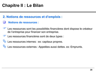 29
2. Notions de ressources et d’emplois :
❑ Notions de ressources :
 Les ressources sont les possibilités financières dont dispose le créateur
de l’entreprise pour financer son entreprise.
 Les ressources financières sont de deux types :
 Les ressources internes : ex: capitaux propres.
 Les ressources externes : Appelées aussi dettes. ex: Emprunts.
Chapitre II : Le Bilan
 