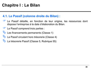 38
4.1. Le Passif (colonne droite du Bilan) :
 Le Passif détaille, en fonction de leur origine, les ressources dont
dispose l’entreprise à la date d’élaboration du Bilan.
 Le Passif comprend trois parties :
 Les financements permanents (Classe 1)
 Le Passif circulant hors trésorerie (Classe 4)
 La trésorerie Passif (Classe 5, Rubrique 55)
Chapitre I : Le Bilan
 