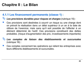 45
4.1.1 Les financement permanents (classe 1) :
 Les provisions durables pour risques et charges (rubrique 15) :
▪ Ces provisions sont destinées à couvrir un risque ou une charge dont
on prévoit la réalisation dans un délai supérieur à un an à la date de
clôture de l’exercice; mais sans qu’il soit possible de l’affecter à un
élément déterminé de l’actif. Ces provisions constituent des dettes
probables. (risque d'augmentation des prix, investissements importants)
 Les comptes de liaison des établissements et succursales
(rubrique 16) :
▪ Ces comptes concernent les opérations qui relient les entreprises avec
leurs différents établissements et succursales.
Chapitre II : Le Bilan
 