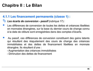 46
4.1.1 Les financement permanents (classe 1) :
 Les écarts de conversion - passif (rubrique 17) :
▪ Les différences de conversion de toutes les dettes et créances libellées
en monnaies étrangères, sur la base du dernier cours de change connu
à la date de clôture sont enregistrées dans des comptes d’écarts.
▪ Au passif, ces différences de conversion constituent des gains latents
qui résultent des réajustement des cours de change des créances
immobilisées et des dettes de financement libellées en monnaie
étrangère. Ils résultent d’une :
- Augmentation des créances immobilisées
- Diminution des dettes de financement
Chapitre II : Le Bilan
 