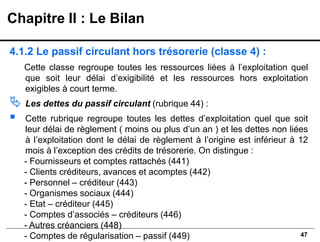 47
4.1.2 Le passif circulant hors trésorerie (classe 4) :
Cette classe regroupe toutes les ressources liées à l’exploitation quel
que soit leur délai d’exigibilité et les ressources hors exploitation
exigibles à court terme.
 Les dettes du passif circulant (rubrique 44) :
▪ Cette rubrique regroupe toutes les dettes d’exploitation quel que soit
leur délai de règlement ( moins ou plus d’un an ) et les dettes non liées
à l’exploitation dont le délai de règlement à l’origine est inférieur à 12
mois à l’exception des crédits de trésorerie. On distingue :
- Fournisseurs et comptes rattachés (441)
- Clients créditeurs, avances et acomptes (442)
- Personnel – créditeur (443)
- Organismes sociaux (444)
- Etat – créditeur (445)
- Comptes d’associés – créditeurs (446)
- Autres créanciers (448)
- Comptes de régularisation – passif (449)
Chapitre II : Le Bilan
 