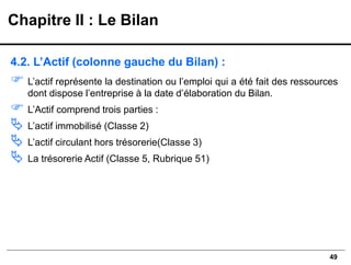 49
4.2. L’Actif (colonne gauche du Bilan) :
 L’actif représente la destination ou l’emploi qui a été fait des ressources
dont dispose l’entreprise à la date d’élaboration du Bilan.
 L’Actif comprend trois parties :
 L’actif immobilisé (Classe 2)
 L’actif circulant hors trésorerie(Classe 3)
 La trésorerie Actif (Classe 5, Rubrique 51)
Chapitre II : Le Bilan
 