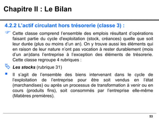 53
4.2.2 L’actif circulant hors trésorerie (classe 3) :
 Cette classe comprend l’ensemble des emplois résultant d’opérations
faisant partie du cycle d'exploitation (stock, créances) quelle que soit
leur durée (plus ou moins d’un an). On y trouve aussi les éléments qui
en raison de leur nature n’ont pas vocation à rester durablement (mois
d’un an)dans l’entreprise à l’exception des éléments de trésorerie.
Cette classe regroupe 4 rubriques :
 Les stocks (rubrique 31)
▪ Il s’agit de l’ensemble des biens intervenant dans le cycle de
l’exploitation de l’entreprise pour être soit vendus en l’état
(marchandises) ou après un processus de transformation à venir ou en
cours (produits fins), soit consommés par l’entreprise elle-même
(Matières premières).
Chapitre II : Le Bilan
 