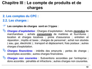 62
2. Les comptes du CPC :
2.2. Les charges :
 Les comptes de charges sont en 3 types :
 Charges d’exploitation : Charges d’exploitation : Achats revendus de
marchandises ; achats consommés de matières et fournitures ;
location et charges locatives ; prime d’assurance ; entretien et
réparation ; impôts et taxes ; charges de personnel ; achat non stockés
( eau, gaz, électricité ) ; transport et déplacement, frais postaux ; autres
charges d’exploitation.
 Charges financières : intérêts des emprunts ; pertes de change ;
escomptes accordés ; autres charges financières.
 Charges non courantes : Subventions accordées par l’entreprise ;
dons accordés : pénalités et infractions ; autres charges non courantes.
Chapitre III : Le compte de produits et de
charges
 
