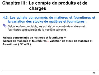 77
4.3. Les achats consommés de matières et fournitures et
la variation des stocks de matières et fournitures :
 Selon le plan comptable, les achats consommés de matières et
fournitures sont calculés de la manière suivante :
Achats consommés de matières et fournitures =
Achats de matières et fournitures – Variation de stock de matières et
fournitures ( SF – SI )
Chapitre III : Le compte de produits et de
charges
 