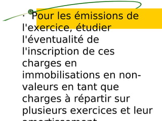 · Pour les émissions de
l'exercice, étudier
l'éventualité de
l'inscription de ces
charges en
immobilisations en non-
valeurs en tant que
charges à répartir sur
plusieurs exercices et leur
 