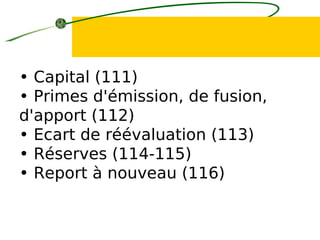 • Capital (111)
• Primes d'émission, de fusion,
d'apport (112)
• Ecart de réévaluation (113)
• Réserves (114-115)
• Report à nouveau (116)
 