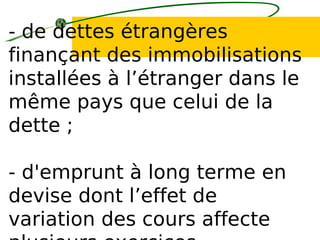 - de dettes étrangères
finançant des immobilisations
installées à l’étranger dans le
même pays que celui de la
dette ;
- d'emprunt à long terme en
devise dont l’effet de
variation des cours affecte
 