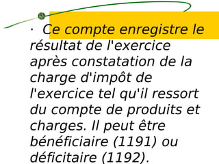 · Ce compte enregistre le
résultat de l'exercice
après constatation de la
charge d'impôt de
l'exercice tel qu'il ressort
du compte de produits et
charges. Il peut être
bénéficiaire (1191) ou
déficitaire (1192).
 