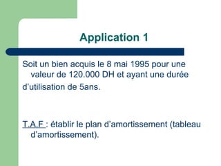 Application 1

Soit un bien acquis le 8 mai 1995 pour une
  valeur de 120.000 DH et ayant une durée
d‘utilisation de 5ans.



T.A.F : établir le plan d‘amortissement (tableau
  d‘amortissement).
 
