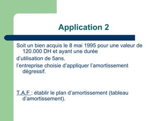 Application 2

Soit un bien acquis le 8 mai 1995 pour une valeur de
   120.000 DH et ayant une durée
d‘utilisation de 5ans.
l‘entreprise choisie d‘appliquer l‘amortissement
   dégressif.


T.A.F : établir le plan d‘amortissement (tableau
  d‘amortissement).
 