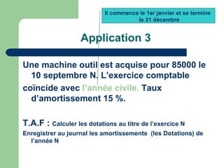 Il commence le 1er janvier et se termine
                                      le 31 décembre


                   Application 3

Une machine outil est acquise pour 85000 le
  10 septembre N. L‘exercice comptable
coïncide avec l‘année civile. Taux
  d‘amortissement 15 %.

T.A.F : Calculer les dotations au titre de l‘exercice N
Enregistrer au journal les amortissements (les Dotations) de
  l‘année N
 