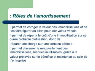 : Rôles de l‘amortissement

Il permet de corriger la valeur des immobilisations et de
.les faire figurer au bilan pour leur valeur vénale
Il permet de répartir le coût d‘une immobilisation sur sa
durée probable d‘utilisation, donc de
.répartir une charge sur une certaine période
Il permet d‘assurer le renouvellement des
immobilisations, rendues inutilisables, grâce à la
valeur prélevée sur le bénéfice et maintenue au sein de
.l‘entreprise
 