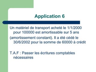 Application 6

Un matériel de transport acheté le 1/1/2000
  pour 100000 est amortissable sur 5 ans
(amortissement constant). Il a été cédé le
  30/6/2002 pour la somme de 60000 à crédit

T.A.F : Passer les écritures comptables
  nécessaires
 