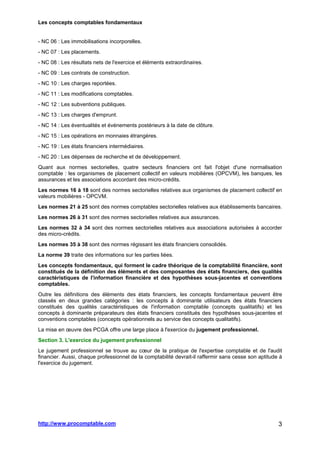 Les concepts comptables fondamentaux
http://www.procomptable.com 3
- NC 06 : Les immobilisations incorporelles.
- NC 07 : Les placements.
- NC 08 : Les résultats nets de l'exercice et éléments extraordinaires.
- NC 09 : Les contrats de construction.
- NC 10 : Les charges reportées.
- NC 11 : Les modifications comptables.
- NC 12 : Les subventions publiques.
- NC 13 : Les charges d'emprunt.
- NC 14 : Les éventualités et événements postérieurs à la date de clôture.
- NC 15 : Les opérations en monnaies étrangères.
- NC 19 : Les états financiers intermédiaires.
- NC 20 : Les dépenses de recherche et de développement.
Quant aux normes sectorielles, quatre secteurs financiers ont fait l'objet d'une normalisation
comptable : les organismes de placement collectif en valeurs mobilières (OPCVM), les banques, les
assurances et les associations accordant des micro-crédits.
Les normes 16 à 18 sont des normes sectorielles relatives aux organismes de placement collectif en
valeurs mobilières - OPCVM.
Les normes 21 à 25 sont des normes comptables sectorielles relatives aux établissements bancaires.
Les normes 26 à 31 sont des normes sectorielles relatives aux assurances.
Les normes 32 à 34 sont des normes sectorielles relatives aux associations autorisées à accorder
des micro-crédits.
Les normes 35 à 38 sont des normes régissant les états financiers consolidés.
La norme 39 traite des informations sur les parties liées.
Les concepts fondamentaux, qui forment le cadre théorique de la comptabilité financière, sont
constitués de la définition des éléments et des composantes des états financiers, des qualités
caractéristiques de l'information financière et des hypothèses sous-jacentes et conventions
comptables.
Outre les définitions des éléments des états financiers, les concepts fondamentaux peuvent être
classés en deux grandes catégories : les concepts à dominante utilisateurs des états financiers
constitués des qualités caractéristiques de l'information comptable (concepts qualitatifs) et les
concepts à dominante préparateurs des états financiers constitués des hypothèses sous-jacentes et
conventions comptables (concepts opérationnels au service des concepts qualitatifs).
La mise en œuvre des PCGA offre une large place à l'exercice du jugement professionnel.
Section 3. L'exercice du jugement professionnel
Le jugement professionnel se trouve au cœur de la pratique de l'expertise comptable et de l'audit
financier. Aussi, chaque professionnel de la comptabilité devrait-il raffermir sans cesse son aptitude à
l'exercice du jugement.
 