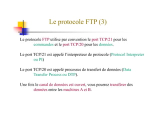 Le protocole FTP (3)
Le protocole FTP utilise par convention le port TCP/21 pour les
commandes et le port TCP/20 pour les données.
Le port TCP/21 est appelé l’interpreteur de protocole (Protocol InterpreterLe port TCP/21 est appelé l’interpreteur de protocole (Protocol Interpreter
ou PI)
Le port TCP/20 est appelé processus de transfert de données (Data
Transfer Process ou DTP).
Une fois le canal de données est ouvert, vous pourrez transférer des
données entre les machines A et B.
 