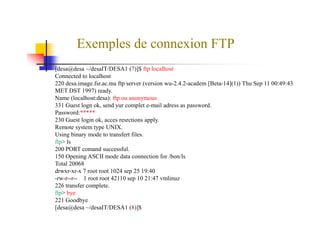 Exemples de connexion FTP
[desa@desa ~/desaIT/DESA1 (7)]$ ftp localhost
Connected to localhost
220 desa.image.fsr.ac.ma ftp server (version wu-2.4.2-academ [Beta-14](1)) Thu Sep 11 00:49:43
MET DST 1997) ready.
Name (localhost:desa): ftp ou anonymous
331 Guest logn ok, send yur complet e-mail adress as password.
Password:*****Password:*****
230 Guest login ok, acces resrctions apply.
Remote system type UNIX.
Using binary mode to transfert files.
ftp> ls
200 PORT comand successful.
150 Opening ASCII mode data connection for /bon/ls
Total 20068
drwxr-xr-x 7 root root 1024 sep 25 19:40
-rw-r--r-- 1 root root 42110 sep 10 21:47 vmlinuz
226 transfer complete.
ftp> bye
221 Goodbye
[desa@desa ~/desaIT/DESA1 (8)]$
 
