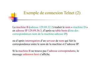 Exemple de connexion Telnet (2)
La machine B (adresse 129.89.32.2) traduit le nom « machine D »
en adresse IP 129.89.36.3, d’après sa table hosts (liste des
correspondances nom de la machine-adresse IP)correspondances nom de la machine-adresse IP)
ou d’après interrogation d’un serveur de nom qui fait la
correspondance entre le nom de la machine et l’adresse IP.
Si la machine B ne trouve pas l’adresse correspondante, le
message unknown host s’affiche.
 