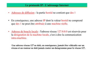Le protocole IP : L’adressage Internet
• Adresses de diffusion : la partie hostid ne contient que des 1
• En conséquence, une adresse IP dont la valeur hostid ne comprend
que des 1 ne peut être attribuée à une machine réelle.
• Adresse de boucle locale : l'adresse réseau 127.0.0.0 est réservée pour
la désignation de la machine locale, c'est à dire la communicationla désignation de la machine locale, c'est à dire la communication
intra-machine.
Une adresse réseau 127 ne doit, en conséquence, jamais être véhiculée sur un
réseau et un routeur ne doit jamais router un datagramme pour le réseau 127.
 