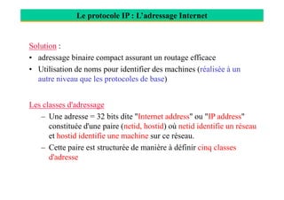Le protocole IP : L’adressage Internet
Solution :
• adressage binaire compact assurant un routage efficace
• Utilisation de noms pour identifier des machines (réalisée à un
autre niveau que les protocoles de base)
Les classes d'adressage
– Une adresse = 32 bits dite "Internet address" ou "IP address"
constituée d'une paire (netid, hostid) où netid identifie un réseau
et hostid identifie une machine sur ce réseau.
– Cette paire est structurée de manière à définir cinq classes
d'adresse
 