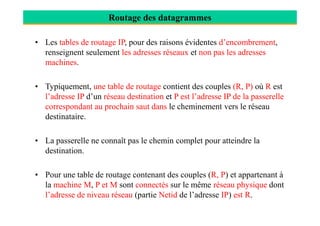 Routage des datagrammes
• Les tables de routage IP, pour des raisons évidentes d’encombrement,
renseignent seulement les adresses réseaux et non pas les adresses
machines.
• Typiquement, une table de routage contient des couples (R, P) où R est
l’adresse IP d’un réseau destination et P est l’adresse IP de la passerelle
correspondant au prochain saut dans le cheminement vers le réseau
destinataire.destinataire.
• La passerelle ne connaît pas le chemin complet pour atteindre la
destination.
• Pour une table de routage contenant des couples (R, P) et appartenant à
la machine M, P et M sont connectés sur le même réseau physique dont
l’adresse de niveau réseau (partie Netid de l’adresse IP) est R.
 