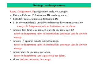 Routage des datagrammes
Route_Datagramme_IP(datagramme, table_de_routage)
• Extraire l’adresse IP destination, ID, du datagramme,
• Calculer l’adresse du réseau destination, IN.
• Si IN correspondant à une adresse de réseau directement accessible,
envoyer le datagramme vers sa destination, sur ce réseau.
• sinon si dans la table de routage, il existe une route vers ID
router le datagramme selon les informations contenues dans la table derouter le datagramme selon les informations contenues dans la table de
routage.
• sinon si IN apparaît dans la table de routage,
router le datagramme selon les informations contenues dans la table de
routage.
• sinon s’il existe une route par défaut
router le datagramme vers la passerelle par défaut.
• sinon déclarer une erreur de routage.
 