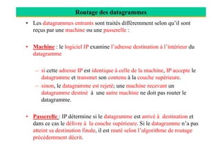 Routage des datagrammes
• Les datagrammes entrants sont traités différemment selon qu’il sont
reçus par une machine ou une passerelle :
• Machine : le logiciel IP examine l’adresse destination à l’intérieur du
datagramme
– si cette adresse IP est identique à celle de la machine, IP accepte le
datagramme et transmet son contenu à la couche supérieure.datagramme et transmet son contenu à la couche supérieure.
– sinon, le datagramme est rejeté; une machine recevant un
datagramme destiné à une autre machine ne doit pas router le
datagramme.
• Passerelle : IP détermine si le datagramme est arrivé à destination et
dans ce cas le délivre à la couche supérieure. Si le datagramme n’a pas
atteint sa destination finale, il est routé selon l’algorithme de routage
précédemment décrit.
 