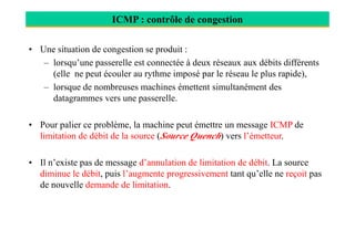 ICMP : contrôle de congestion
• Une situation de congestion se produit :
– lorsqu’une passerelle est connectée à deux réseaux aux débits différents
(elle ne peut écouler au rythme imposé par le réseau le plus rapide),
– lorsque de nombreuses machines émettent simultanément des
datagrammes vers une passerelle.
• Pour palier ce problème, la machine peut émettre un message ICMP de• Pour palier ce problème, la machine peut émettre un message ICMP de
limitation de débit de la source (Source Quench) vers l’émetteur.
• Il n’existe pas de message d’annulation de limitation de débit. La source
diminue le débit, puis l’augmente progressivement tant qu’elle ne reçoit pas
de nouvelle demande de limitation.
 